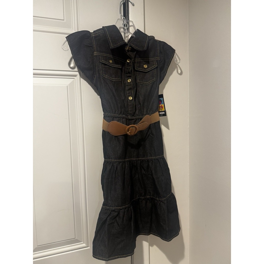 Vintage Dollhouse Girls Dark Denim Belted Tiered Button Dress Sz 10/12 Y2K NWT